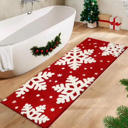 Vista 2 de Alfombra de baño roja para decoración de baño, alfombra de baño roja, antideslizante, nieve blanca, decoración del hogar, alfombra de ducha