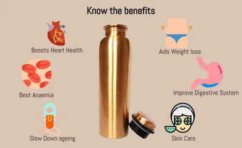 Vista 5 de Botella de agua de cobre 100% puro a prueba de fugas, perfecta para beneficios de salud ayurvédica para deportes, fitness, yoga, botella de agua