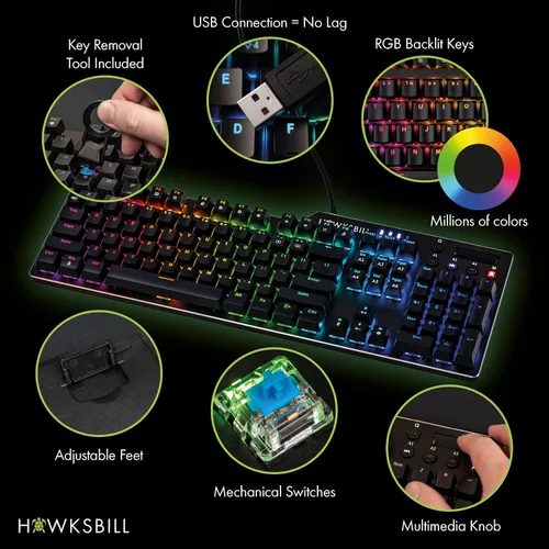 Vista 2 de Hawksbill Scorpion V1 Teclado mecánico para juegos con cable, táctil y clicky, iluminación RGB brillante, factor de forma compacto, teclas