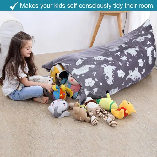 Vista 4 de Funda para puf de almacenamiento de animales de peluche, puf extra grande de 53 pulgadas para niños y adultos, soporte y organizador de juguetes