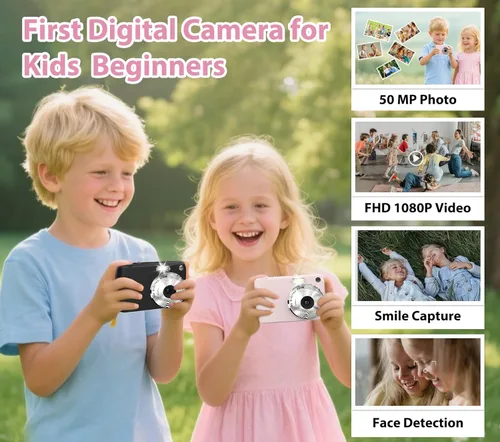 Vista 2 de Cámara digital, cámaras para niños para 50MP FHD 1080P, cámara digital de apuntar y disparar con zoom 16X antivibración, cámaras pequeñas compactas