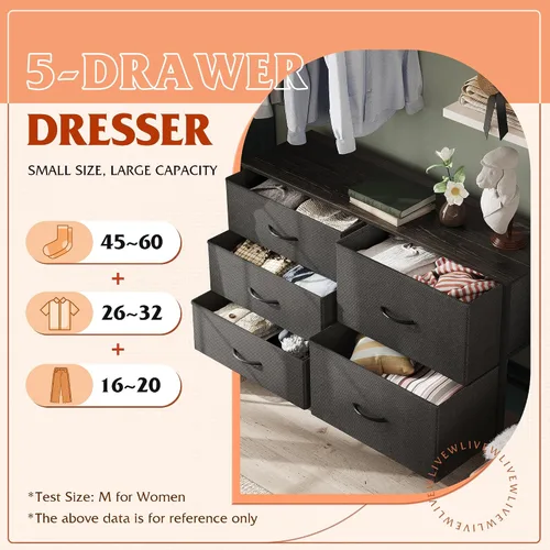 Vista 5 de WLIVE - Cómoda para dormitorio con 5 cajones, cómodas anchas para dormitorio con organizadores de cajones, cómoda con cajones, cómoda de tela