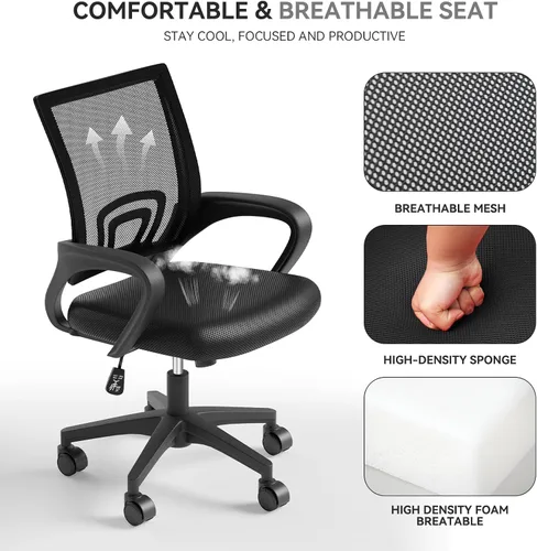 Vista 7 de Silla de oficina ergonómica, silla de escritorio de malla con respaldo medio, silla de computadora, color negro Soporte lumbar, modo oscilante