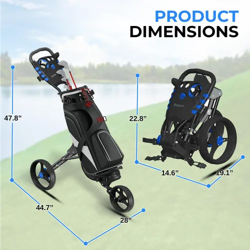 Vista 7 de SereneLife Carrito de empuje de golf de 3 ruedas - Plegable, mango Azul medianoche