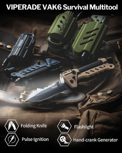 Vista 2 de VIPERADE VAK6 Multiherramienta de supervivencia con cuchillo plegable, linterna LED, encendido por pulso y generador de manivela, cuchillo
