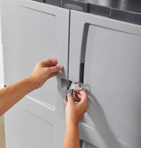 Vista 10 de Rubbermaid Freestanding Storage Cabinet with Doors 18"D x 36"W x 37"H Medium Gray/Black Two-Shelf Lockable Cabinet for Indoor/Outdoor/Garage Storage