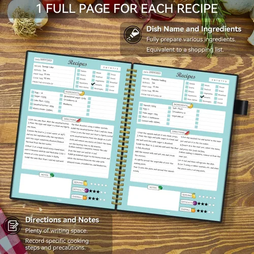 Vista 3 de Libro de Recetas para Escribir tus Propias Recetas, Cuaderno de Recetas en Blanco con Pestañas para Amantes de la Cocina Familiar, Organizador