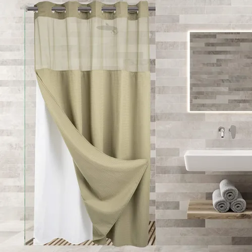 Vista 23 de Cortina de baño River Dream de gran peso sin ganchos necesarios con diseño de gofre punteado y forro a presión - 36W x 74H, de calidad hotelera