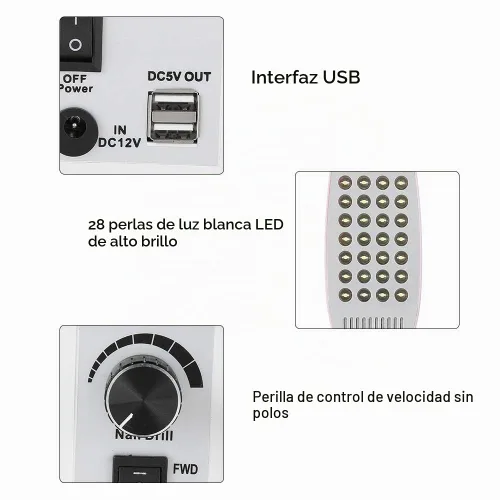 Vista 5 de Sonew Máquina perforadora eléctrica multifuncional 4 en 1, kit de taladro de lima de uñas con lámpara secadora de uñas de 54 W y colector de succión