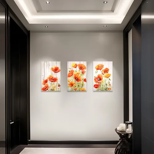 Vista 5 de QIXIANG Arte de pared de 3 paneles de flores de amapola roja sobre lienzo impresiones para baño, dormitorio, sala de estar, decoración estirada