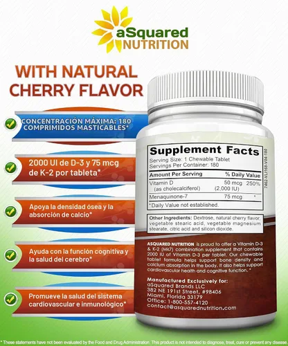 Vista 6 de aSquared Nutrition Vitamina D3 con suplemento K2-180 tabletas masticables, colecalciferol D-3 de fuerza máxima y K-2 MK7 para apoyar huesos