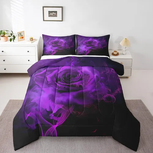 Vista 25 de Juego de edredón de rosas rojas, tamaño individual, juego de ropa de cama floral rojo degradado negro para niñas, mujeres, niños, adolescentes