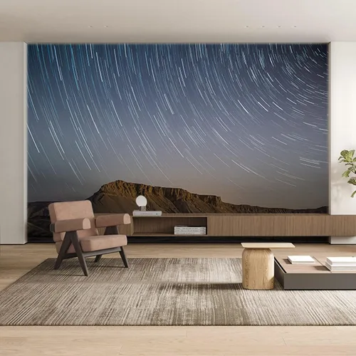 Vista 2 de Murales de pared 3D de estrellas de montañas, cielo nocturno, arte mural para despegar y pegar, calcomanías de pared extraíbles para sala de estar