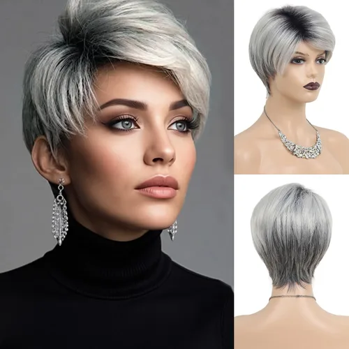 Vista 18 de Pelucas cortas gris plateadas para mujeres blancas, pelucas sintéticas con corte pixie natural y a capas con flequillo, peluca corta de pelo gris