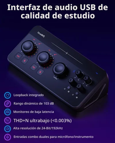 Vista 2 de BlueAVS Interfaz de audio USB, interfaz de audio de 2 entradas/4 salidas con 2 entradas combinadas XLR/TRS, grabación de 24 bits/192 kHz