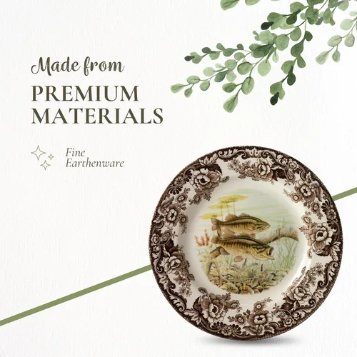 Vista 4 de Spode Woodland Bass Plato de Ensalada - 8" Loza Fina, Hecho en Inglaterra, Diseño de Pez de Caza con Borde de Flores Británicas para Ensaladas