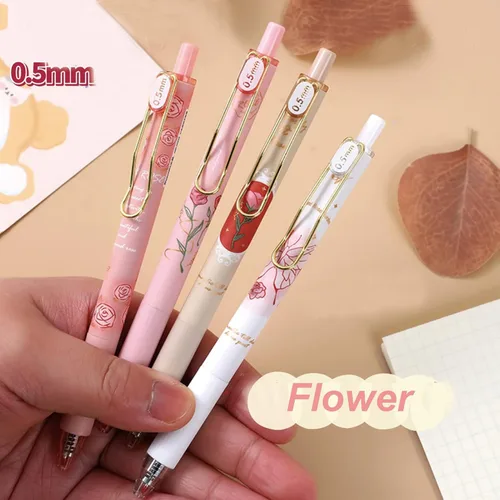 Vista 3 de MOZXIRZ 4 piezas de bolígrafos de gel retráctiles con flores, tinta negra, 0.5mm, para niñas/mujeres, lindos, estéticos, bolígrafos para Flor-1