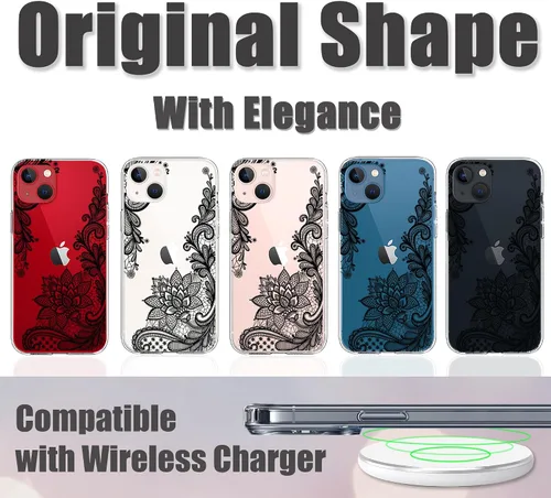 Vista 2 de Compatible con iPhone 13, funda protectora de encaje negro transparente con flores florales a prueba de golpes, parte trasera dura, delgada, bonita