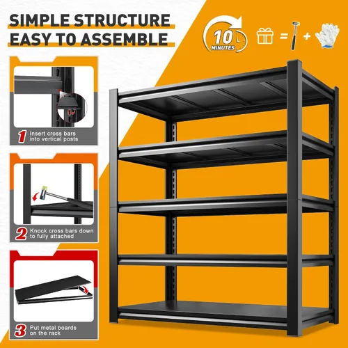 Vista 9 de REIBII Estantes de almacenamiento de 72 pulgadas de alto, estantería de garaje resistente de 2500 libras, estante de metal ajustable de 5 niveles