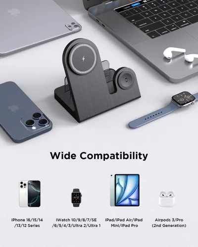 Vista 5 de Cargador inalámbrico Mag-Safe para iPhone: estación de carga 3 en 1 para múltiples dispositivos Apple - Soporte de carga de 18 W para iPhone 16 15