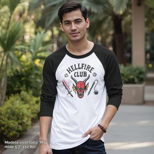 Vista 4 de Stranger Things Hellfire Club Raglan - Camiseta de béisbol para hombre, ajuste estándar