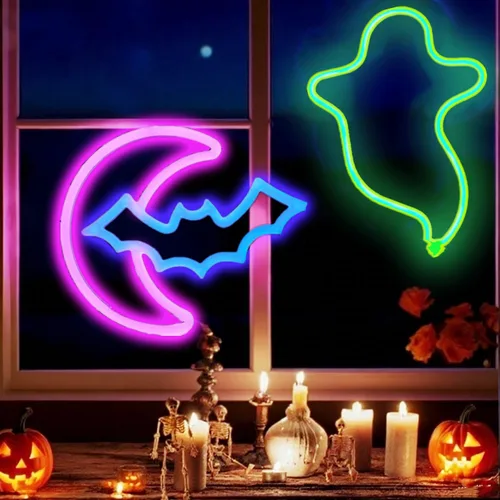 Vista 14 de Letreros de neón de murciélago para dormitorio, mesita de noche, decoración de pared, decoración de Halloween, luces LED de noche, adornos de mesa