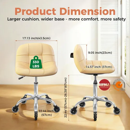 Vista 9 de Taburete enrollable con ruedas, taburete ajustable en altura con soporte para la espalda, silla de dibujo de oficina con cojín de piel sintética