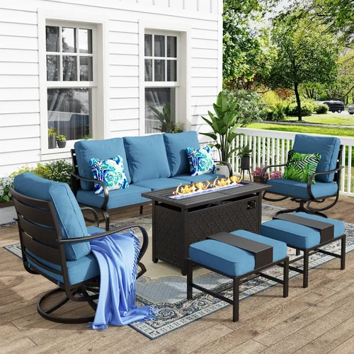 Vista 10 de MFSTUDIO Juego de 4 piezas de conversación para patio, marco de metal para todo tipo de clima, muebles de exterior con 1 mesa rectangular de propano