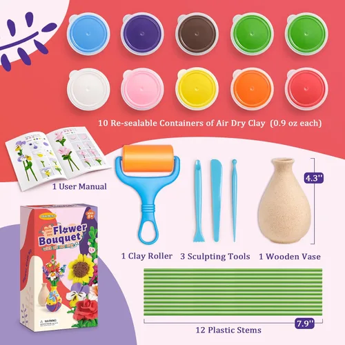 Vista 2 de Drama Planet Kit de manualidades de flores para niños, haz tu propio ramo de flores con arcilla seca al aire, organiza flores de arcilla y crea arte