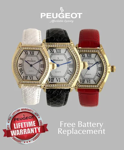 Vista 3 de Peugeot - Reloj chapado en oro de 14 quilates para mujer, bisel con tachuelas y correa de piel