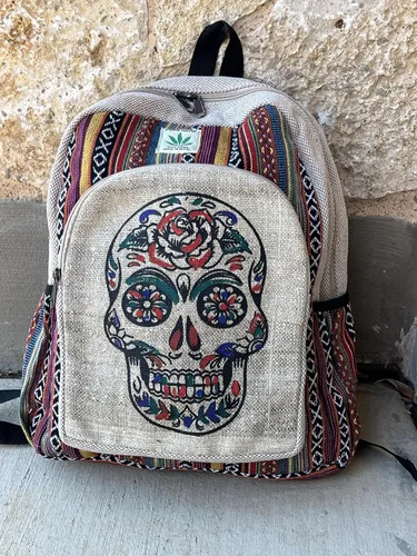 Vista 2 de Mochila hecha a mano de algodón de cáñamo del Himalaya de diseño único de 17 pulgadas grande Hippie, Festival, Senderismo y Tablet Laptop Mochila