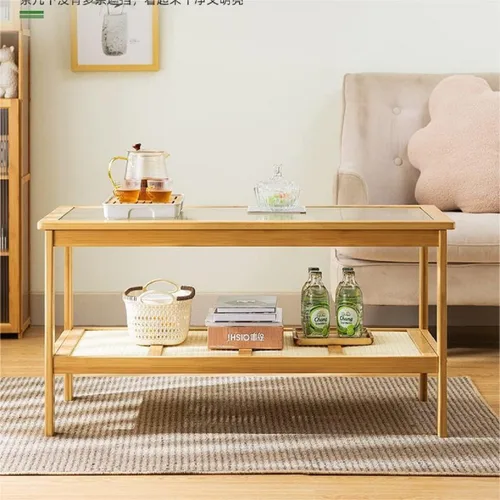 Vista 4 de Gdrasuya10 Mesa de centro moderna de bambú para sala de estar, mesa auxiliar rectangular de 2 niveles, mesa central de vidrio, estante