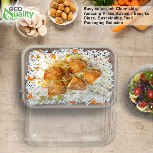 Vista 7 de EcoQuality Cuencos desechables de 22 onzas con tapas transparentes, cuencos rectangulares de papel biodegradable de fibra de caña de azúcar