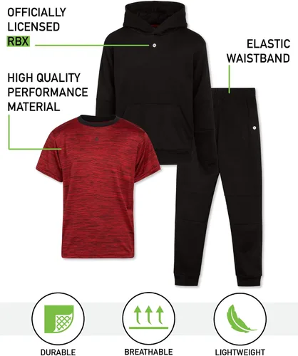 Vista 2 de RBX Conjunto deportivo para niños, camiseta de manga corta de 3 piezas, sudadera de forro polar y pantalones deportivos