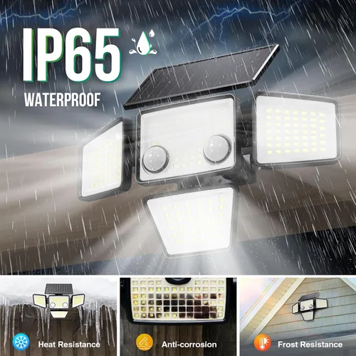 Vista 6 de LYWALT Luces solares para exteriores – 3000 lm, 188 luces LED con sensor de movimiento, 4 cabezales IP65, luces de inundación de seguridad