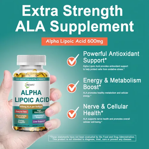 Vista 3 de Ácido alfa lipoico 600 mg – Suplemento de alta absorción ALA antioxidante para nervios, energía, metabolismo y desintoxicación hepática – Cápsulas