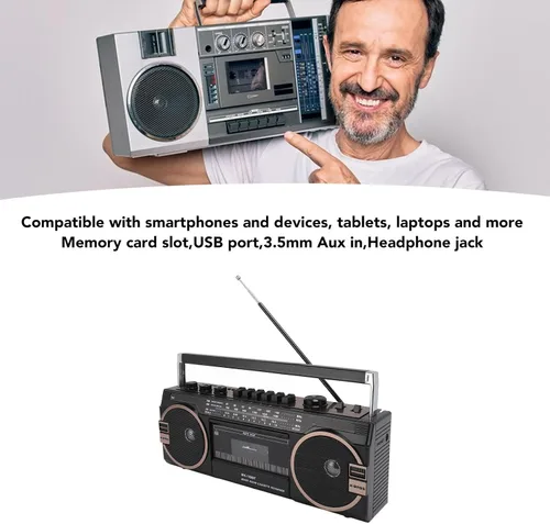 Vista 2 de Reproductor de casete portátil, Retro Blueooth, AM FM SW Radio estéreo reproductor de cinta de casete con altavoz grande y conector