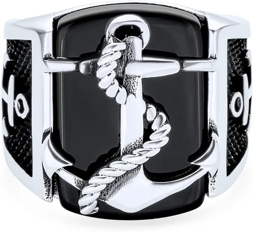 Vista 3 de Personalize Mens Nautical Black Onyx Gemstone Or Etched Brown Wood Inset Large Boat Anchor Signet Ring For Men Solid 925 Sterling Silver Made In