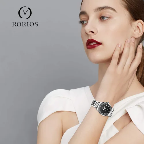 Vista 2 de RORIOS Reloj automático para mujer, reloj mecánico automático con correa de acero inoxidable, calendario, reloj de pulsera luminoso para mujer