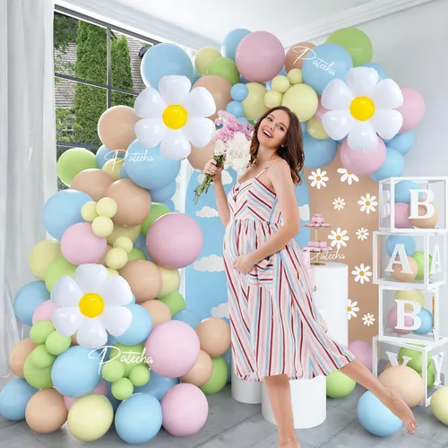 Vista 6 de Pateeha Kit de arco de globos Baby in Bloom de 12 pies, guirnalda de globos de margarita, globos de papel de aluminio, globos pastel para Pascua