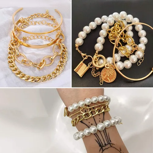 Vista 4 de 17IF 6 Pack Dainty Boho Gold Silver Chain Bracelets Set for Women Girls Stackable Chunky Multipack Layered Bangles Adjustable Flat Cuff Cuban Punk
