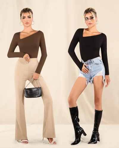 Vista 4 de MANGOPOP Women Asymmetrical Neck Long Sleeve Basic T shirt Thong Bodysuit Tops