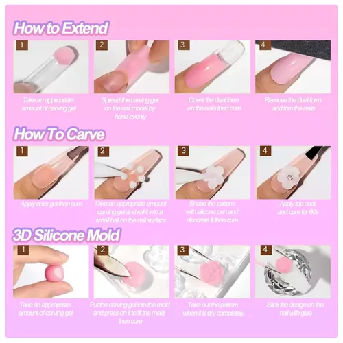 Vista 9 de Gel de uñas sólido constructor, 6 colores no pegajosos para esculpir 3D para arte de uñas, pegamento de extensión de uñas, kit de uñas duras