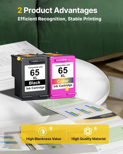 Vista 4 de 65XL 65 Cartuchos de tinta negro/combo tricolor (paquete de 2) para tinta HP Ink 65 65 XL para impresoras HP 3755 3772 3752, Deskjet 2622 2680
