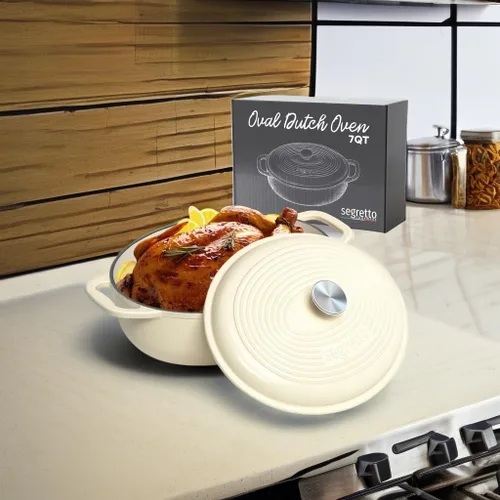 Vista 5 de Segretto Cookware Horno holandés ovalado de hierro fundido esmaltado, 7 cuartos de galón blanco Bianco Perla (Off-White)