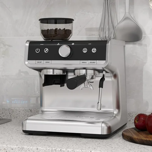 Vista 9 de Máquina de café expreso de 20 barras con molinillo, cafetera espresso profesional con espumador de leche, acero inoxidable cepillado, tanque de agua