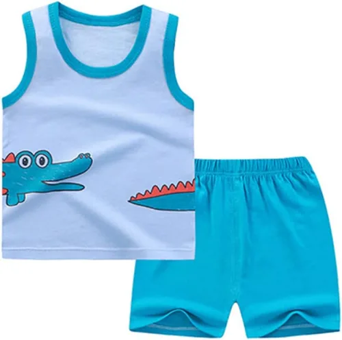 Vista 2 de Conjunto de 4 piezas de camiseta sin mangas y pantalones cortos de algodón para niños pequeños, conjuntos de verano