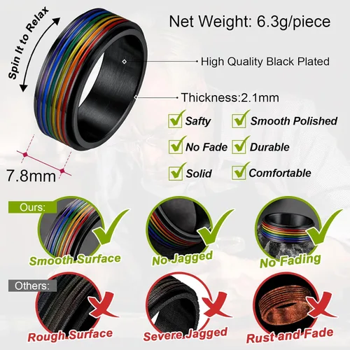 Vista 5 de FaithHeart Anillos para ansiedad LGBT Pride Rainbow, acero inoxidablechapado en oro de 18 quilates, joyería de amor es amor para hombres y mujeres
