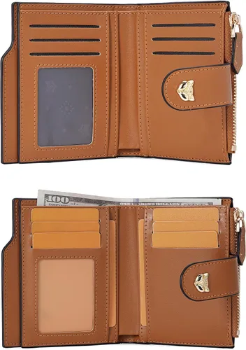 Vista 5 de FOXLOVER Cartera pequeña para mujer, con bloqueo RFID, de piel, plegable, con cremallera, bolsillo con cremallera, tarjetero con ventana