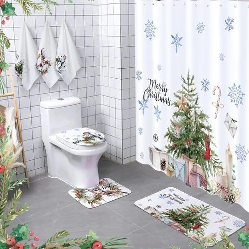 Vista 9 de Newwiee Juego de 7 Piezas para Baño de Navidad Decoración de Cortina de Ducha Xmas Cortina de Ducha Alfombras Antideslizantes y Toallas de Cocina 3
